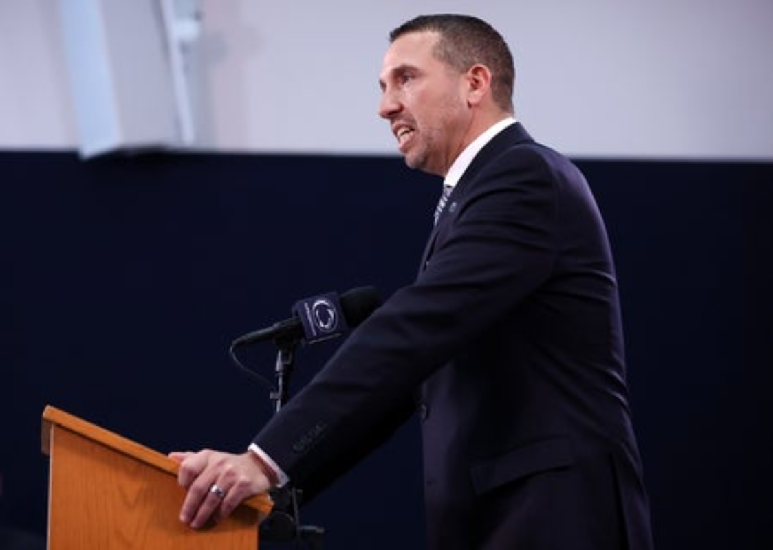 Dec 8, 2025; University Park, PA, USA; Matt Campbell is announced as the Penn State Nittany Lions new head coach during a press conference at the Beaver Stadium Press Room. Mandatory Credit: Matthew O'Haren-Imagn Images